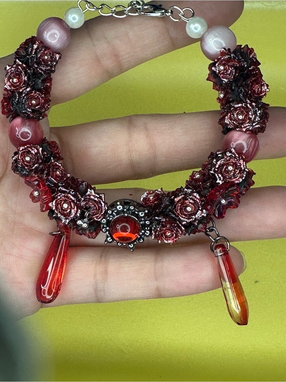 Handcrafted Red Rose Bead Bracelet with Glass Teardrops